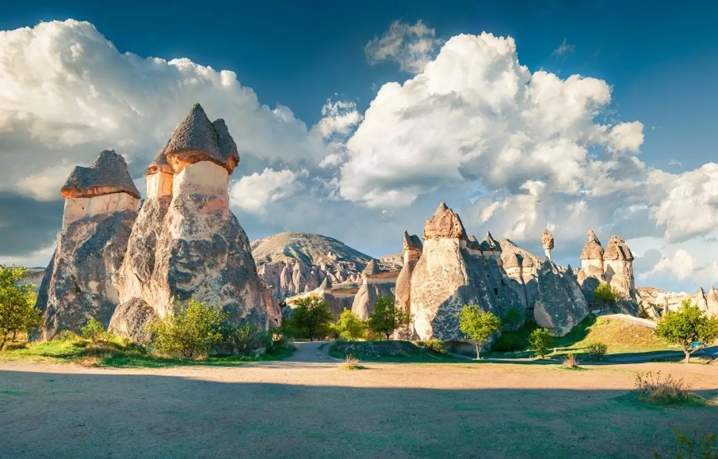 Fairy chimneys in Cappadocia under a blue sky